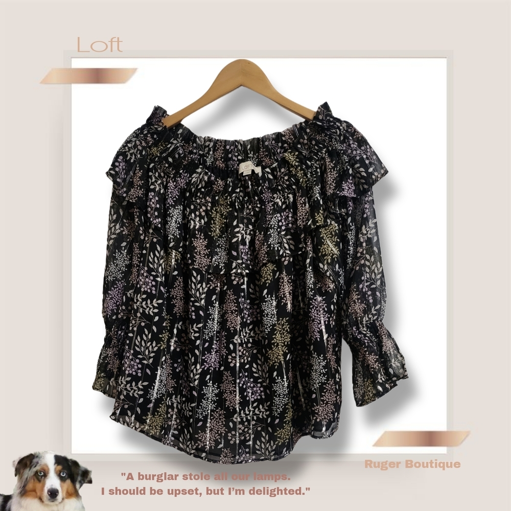 🌿Loft Black Metallic Leaf Print Off-Shoulder Top, Women's Medium - Picture 12 of 13